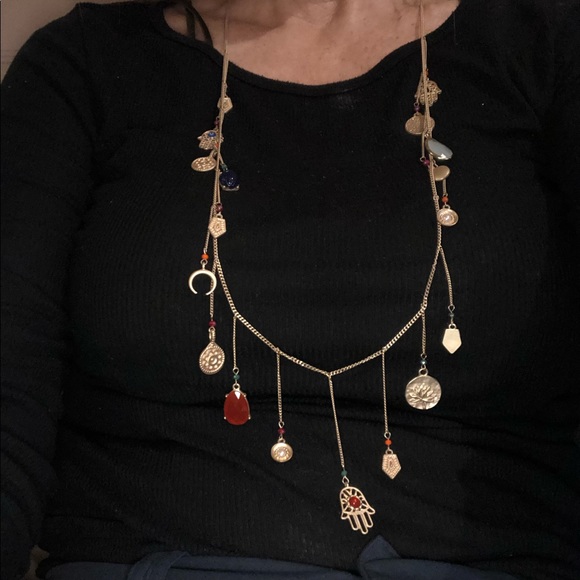 36” long hamsa, evil eye, lotus leaf, necklace